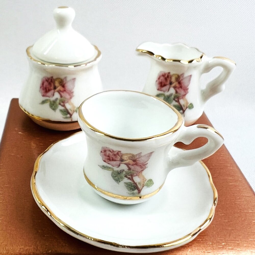 Vintage Miniature Porcelain Tea Set Teacup Sugar & Creamer Pink Floral 5 PCS